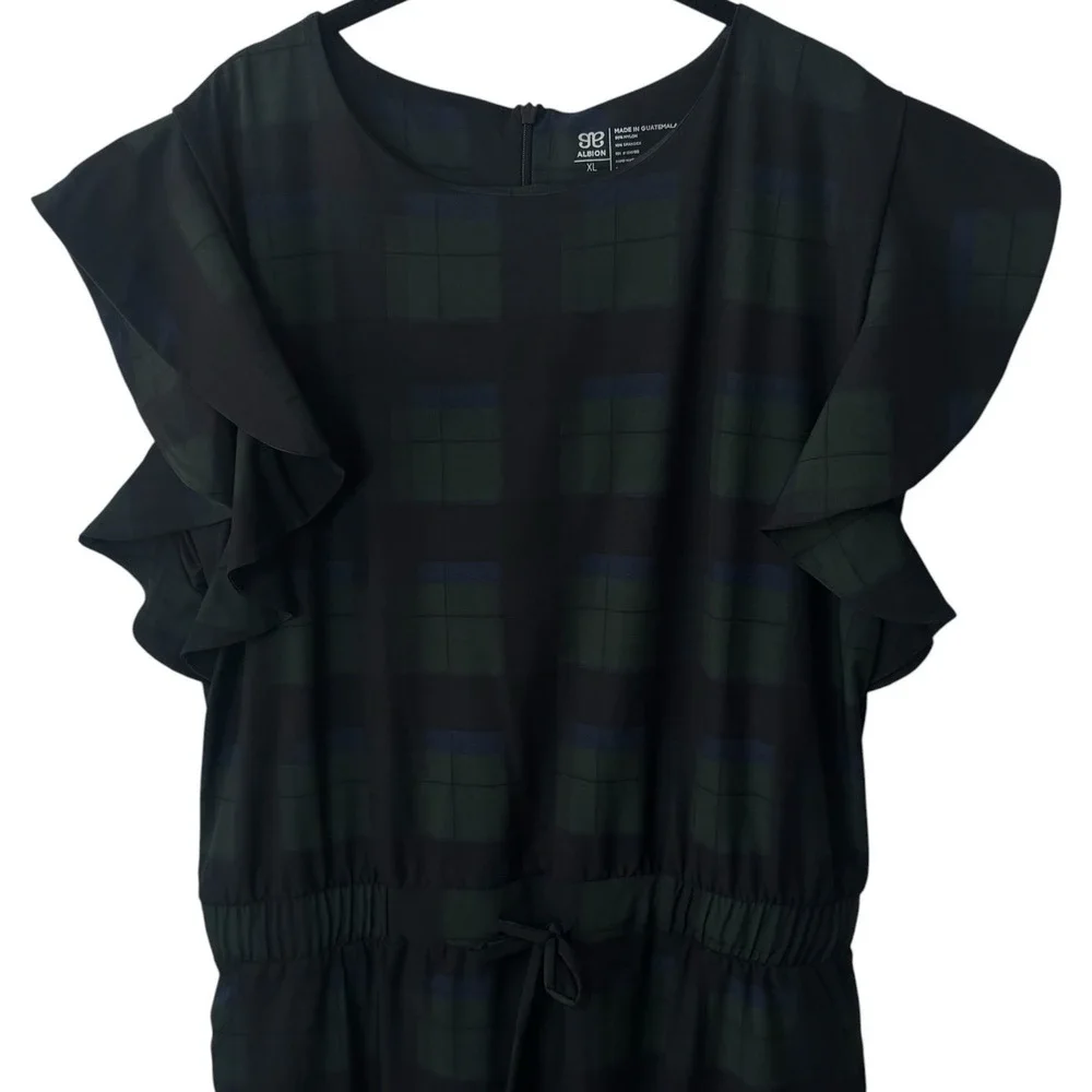 Albion Blue Green Plaid Jumpsuit Flutter Sleeve Jogger Style Preppy Comfort XL